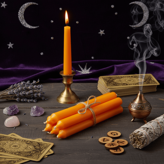 Bougies d’autel orange pour rituels – créativité, joie, énergie vitale, magie positive, ambiance ésotérique.