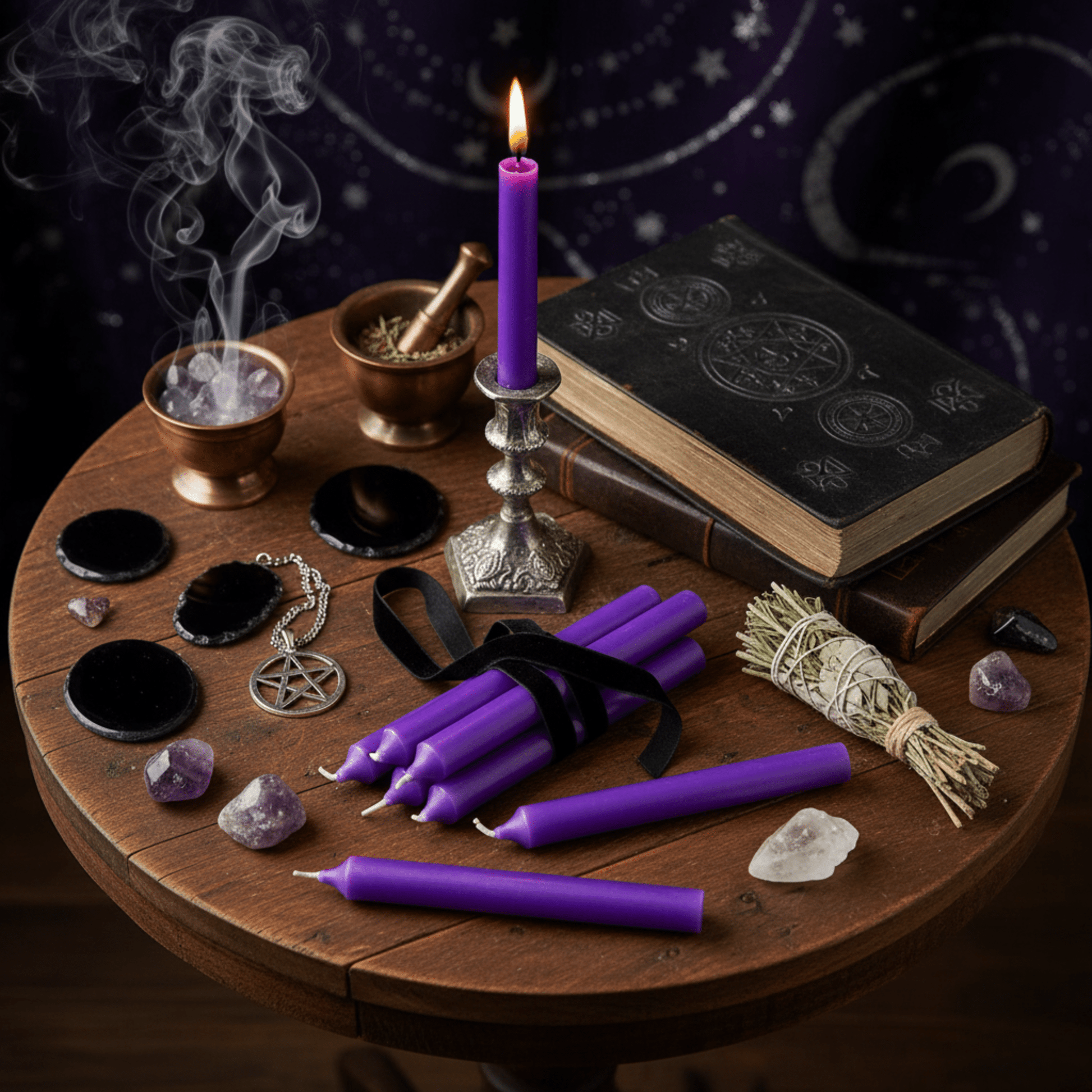 Bougie d’autel violette allumée sur autel wicca avec runes, améthystes et grimoire pour rituels d’intuition