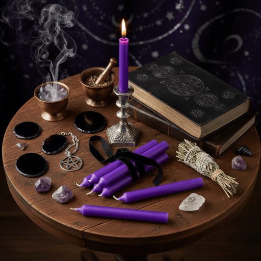 Bougie d’autel violette allumée sur autel wicca avec runes, améthystes et grimoire pour rituels d’intuition