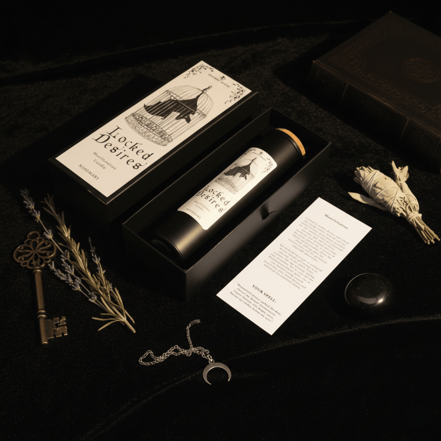 Coffret ouvert de la bougie Désirs Enfermés avec carte de rituel, bouquet de lavande, clé ancienne et accessoires ésotériques