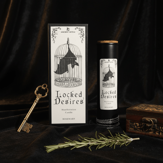 Bougie Désirs Enfermés avec coffret illustré d’une chauve-souris en cage, clé ancienne et brin de romarin sur velours noir.