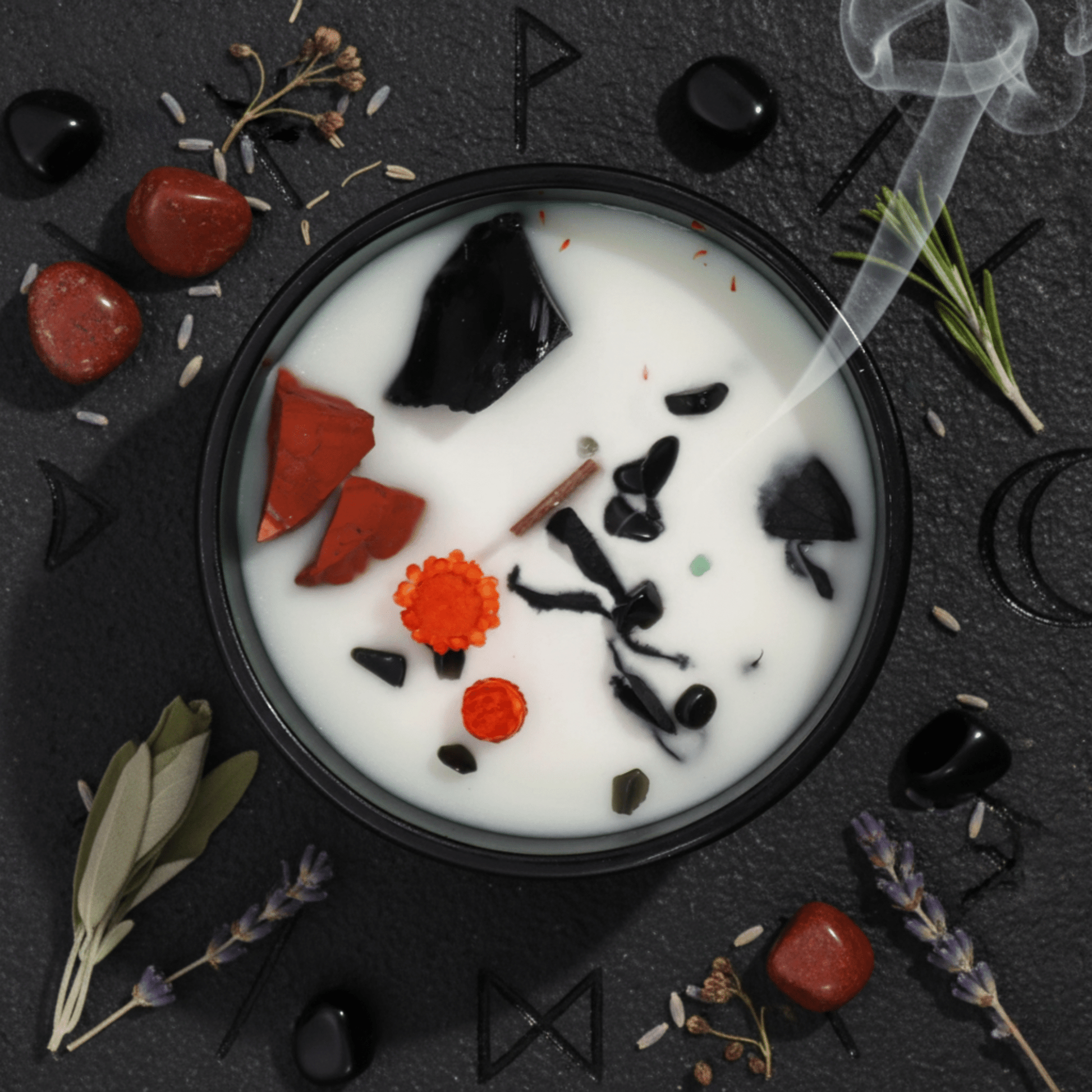 Vue rapprochée de la Bougie du Feu avec fragments de jaspe rouge et agate noire sur cire blanche fumante.