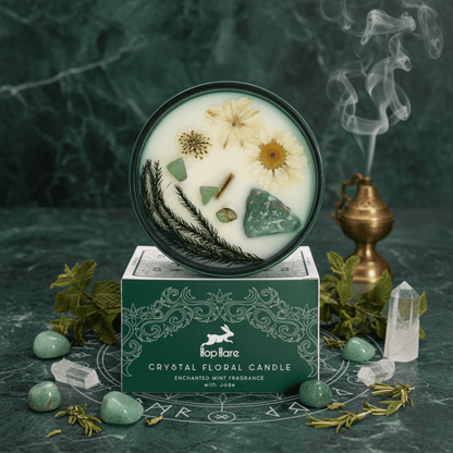 Bougie du Magicien Hop Hare avec jade, fleurs séchées et menthe enchantée, posée sur sa boîte verte ésotérique.