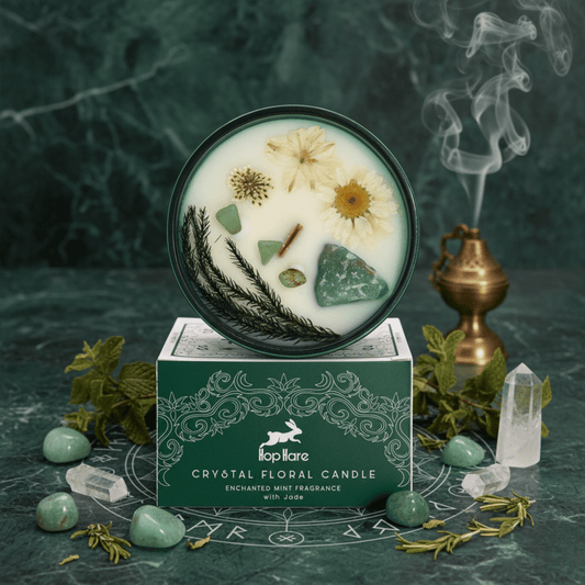Bougie du Magicien Hop Hare avec jade, fleurs séchées et menthe enchantée, posée sur sa boîte verte ésotérique.