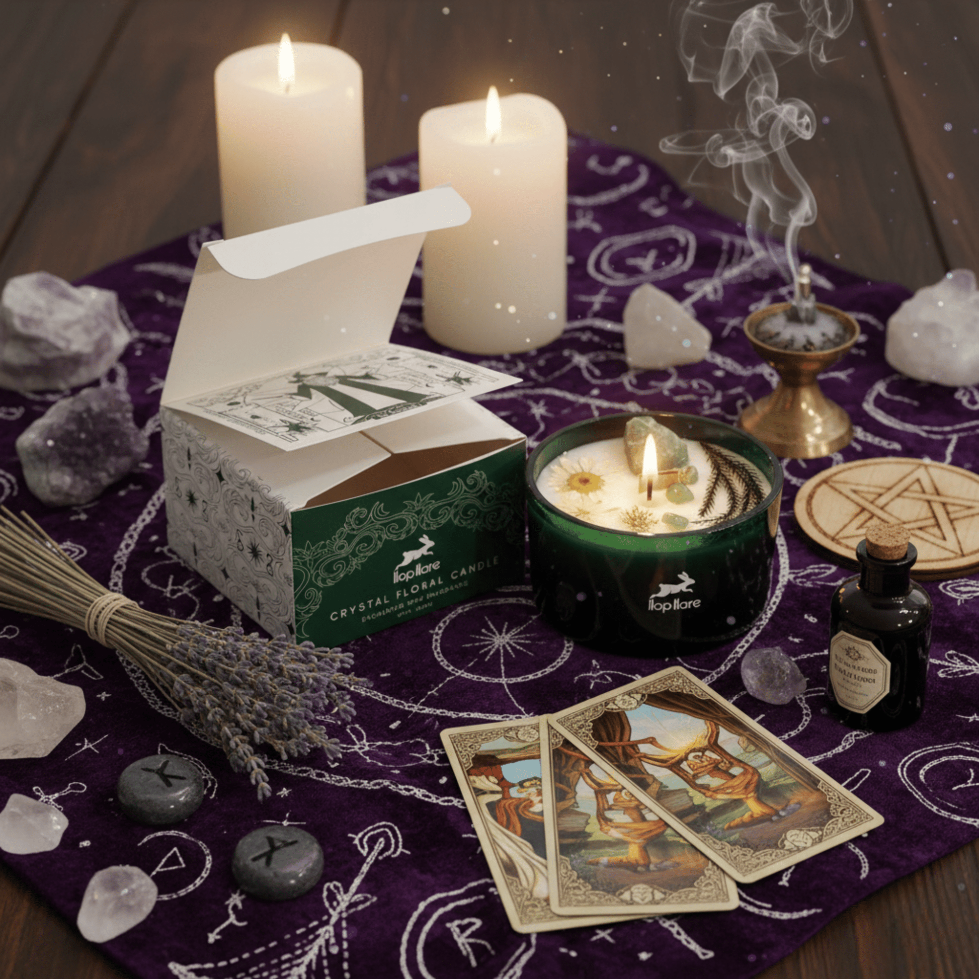Bougie du Magicien allumée, décorée de jade et fleurs, entourée de cartes tarot, cristaux et encens fumant.