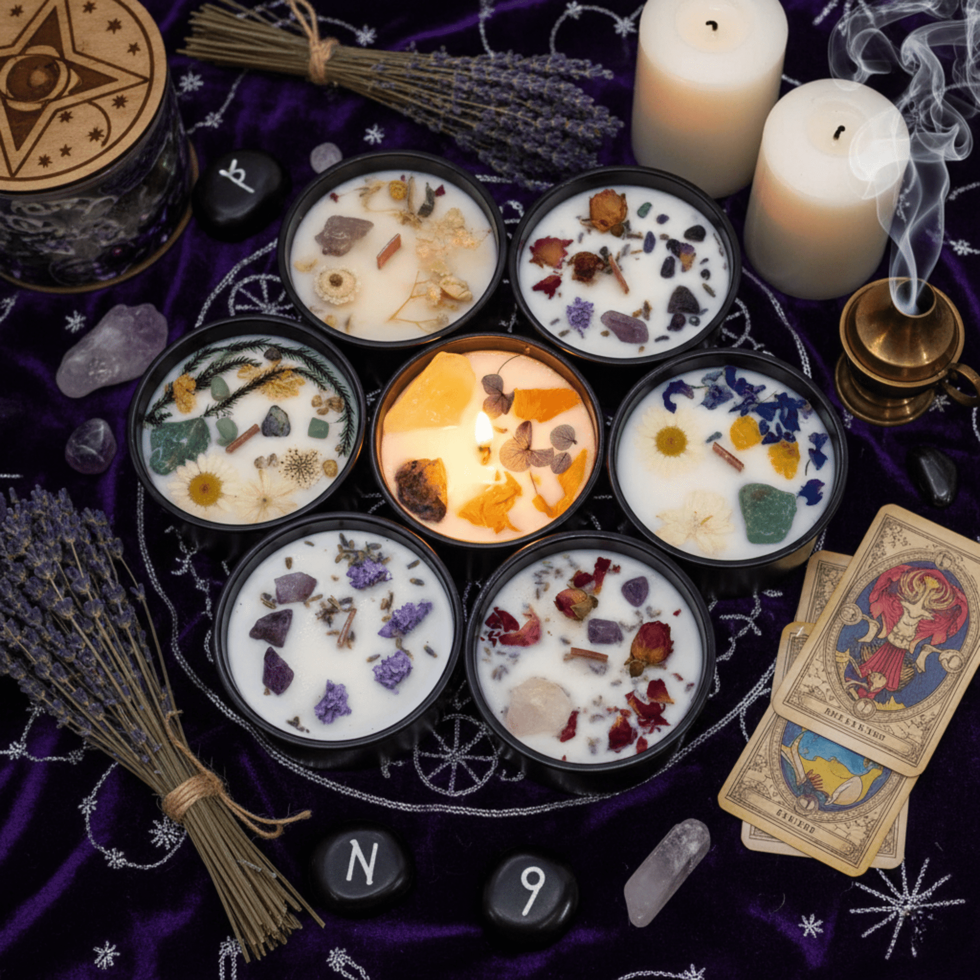 Ensemble de bougies cristaux Hop Hare avec pierres naturelles et fleurs séchées sur tissu violet rituel.