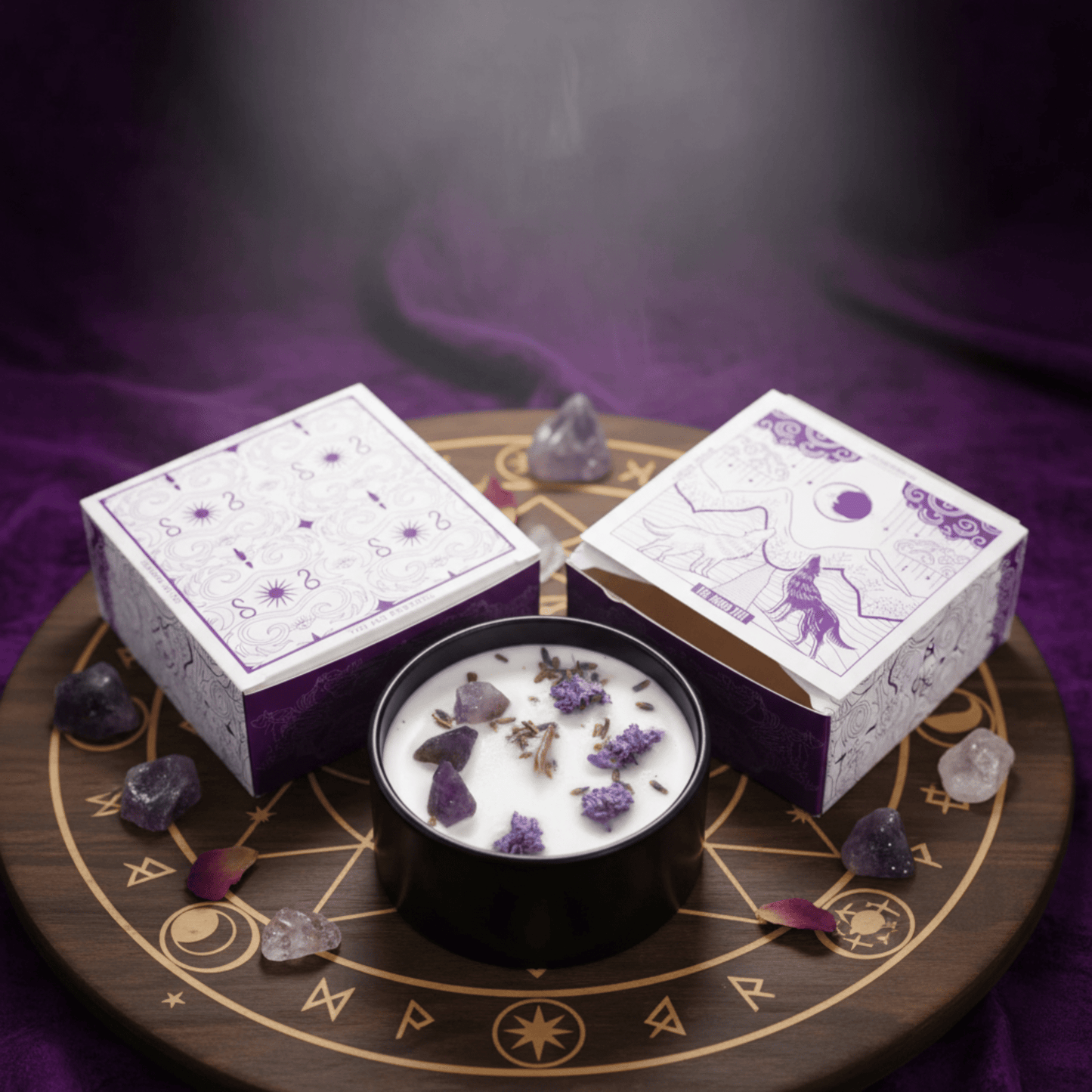 Bougie rituelle améthyste sur plateau ésotérique, décor violette et symboles lunaires pour méditation nocturne.