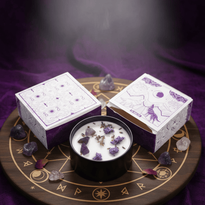 Bougie rituelle améthyste sur plateau ésotérique, décor violette et symboles lunaires pour méditation nocturne.