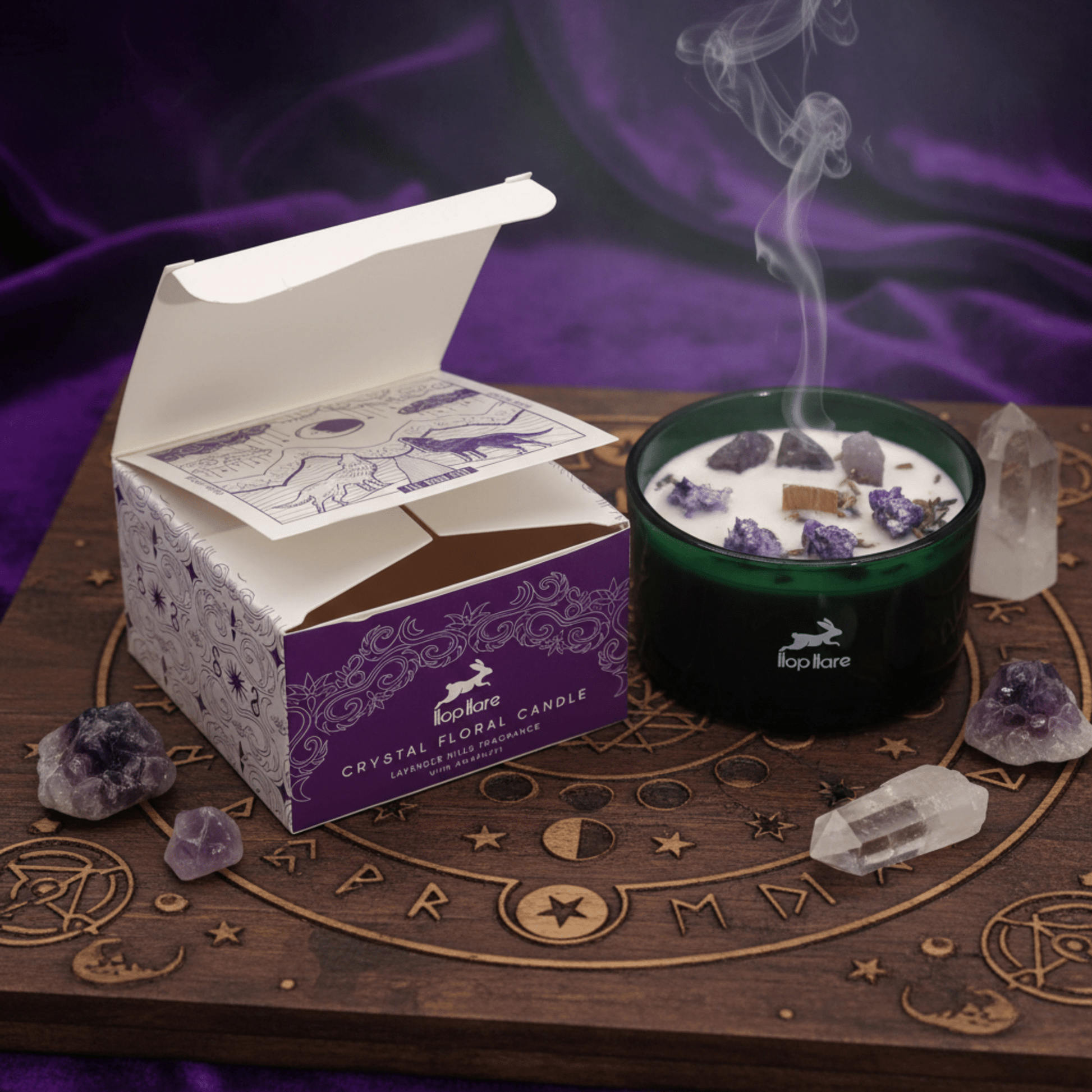 Bougie lune améthyste fumante, dans verre vert, entourée de cristaux et outil rituel sur fond violet mystique.