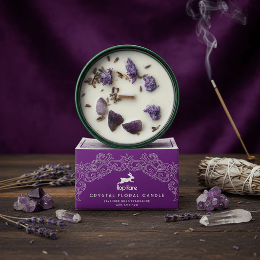 Bougie lunaire avec améthyste et lavande, vue au-dessus, bougie rituelle apaisante pour relaxation et énergie lunaire.