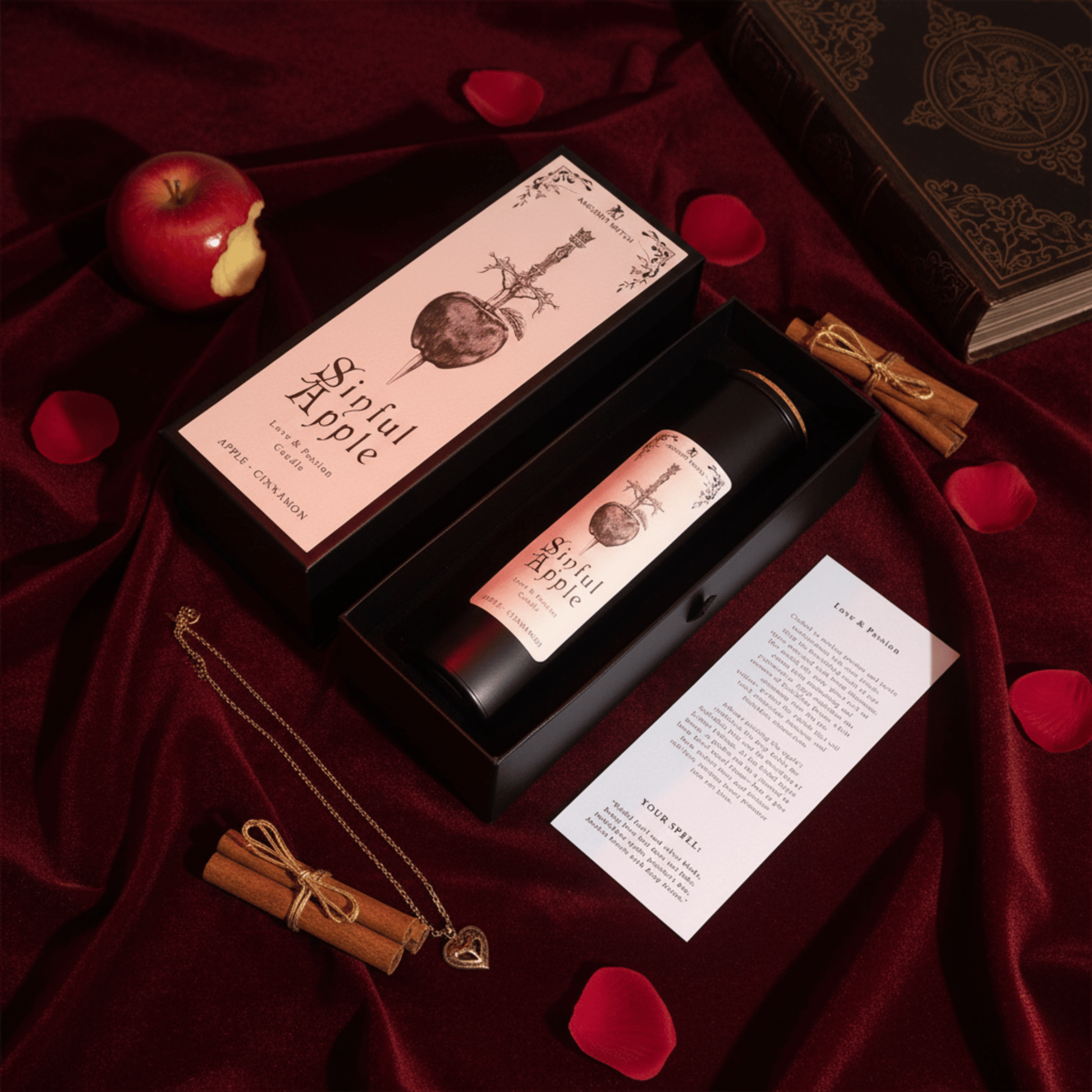 Coffret cadeau bougie pomme cannelle Sinful Apple avec carte de rituel et décor romantique.