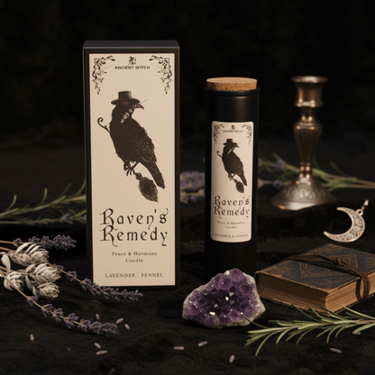 Bougie remède lavande fenouil, rituel de paix, packaging sorcière ancienne avec corbeau, décor ésotérique noir et améthyste.