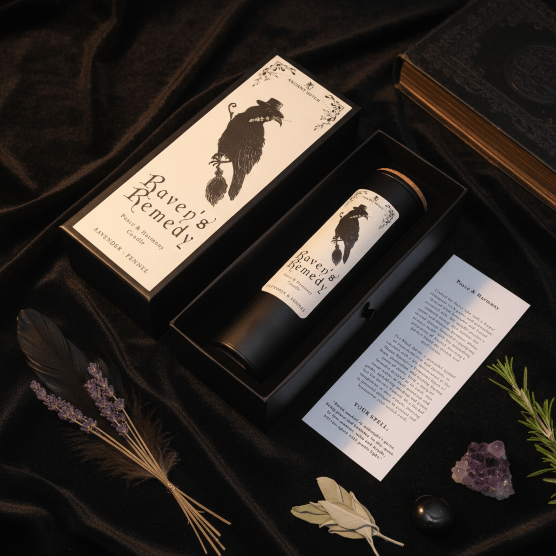 Bougie Remède ouverte dans coffret luxe, rituel paix intérieure, lavande fenouil, plume noire, cristaux et carte de rituel.