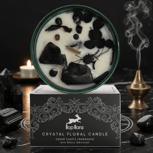 Bougie Roi des Épées Hop Hare avec obsidienne noire et parfum cèdre, posée sur coffret ésotérique noir.