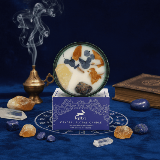 Bougie solaire avec citrine, sodalite et fleurs séchées, mèche bois, ambiance rituel mystique sur fond bleu.