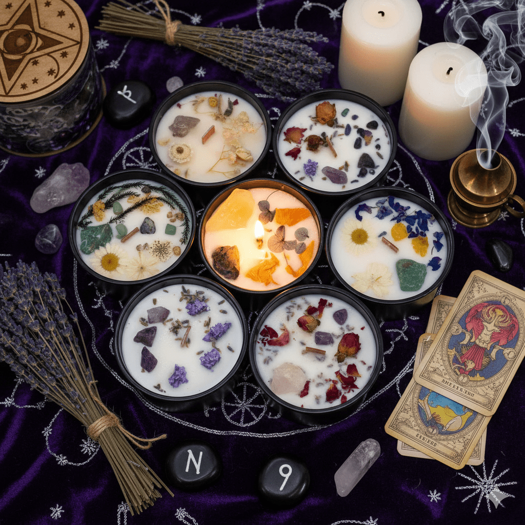 Ensemble de bougies Hop Hare avec cristaux, fleurs séchées et énergie spirituelle pour rituels magiques.