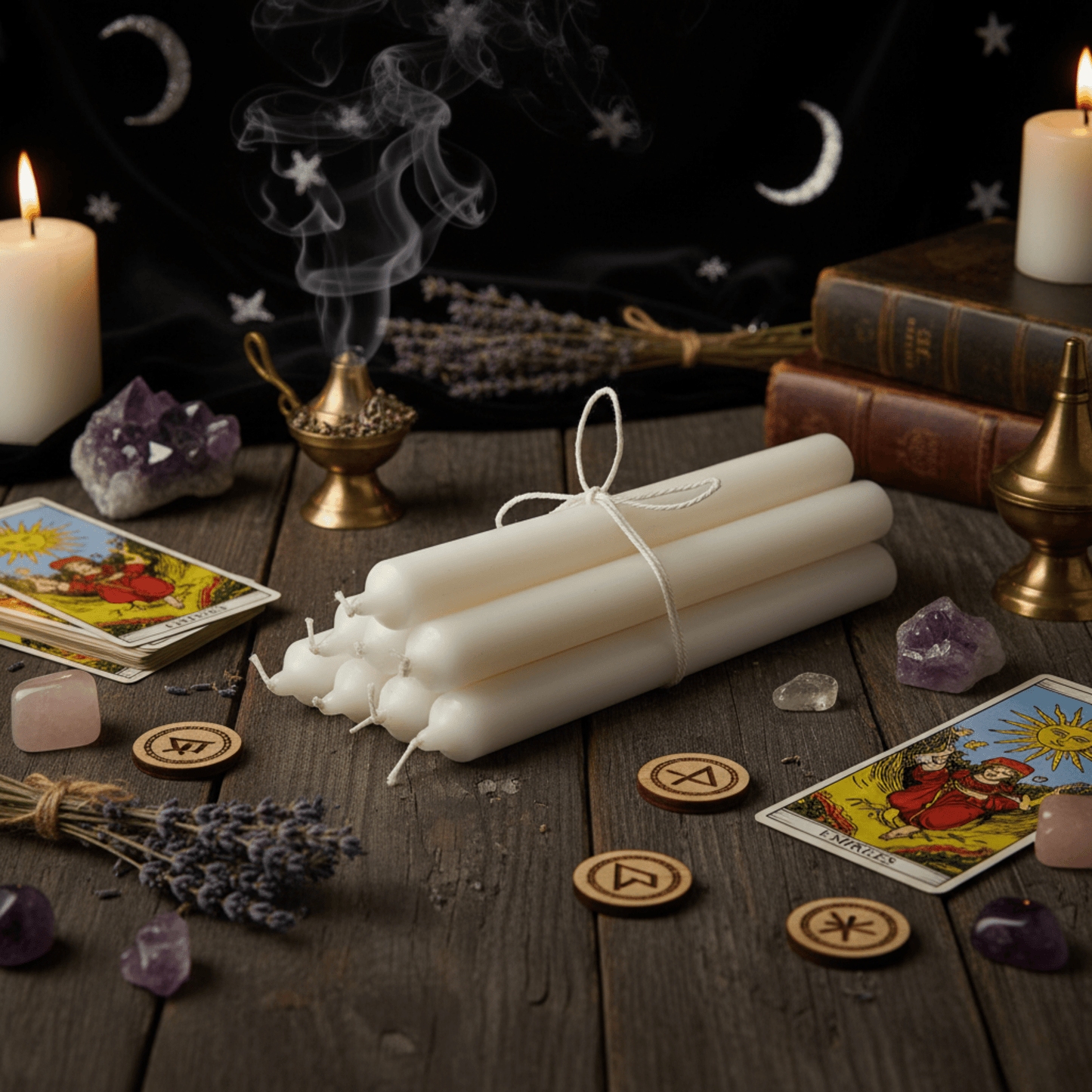 Lot de bougies d’autel blanches entouré de tarot, cristaux, sauge et accessoires ésotériques pour rituels de lumière.