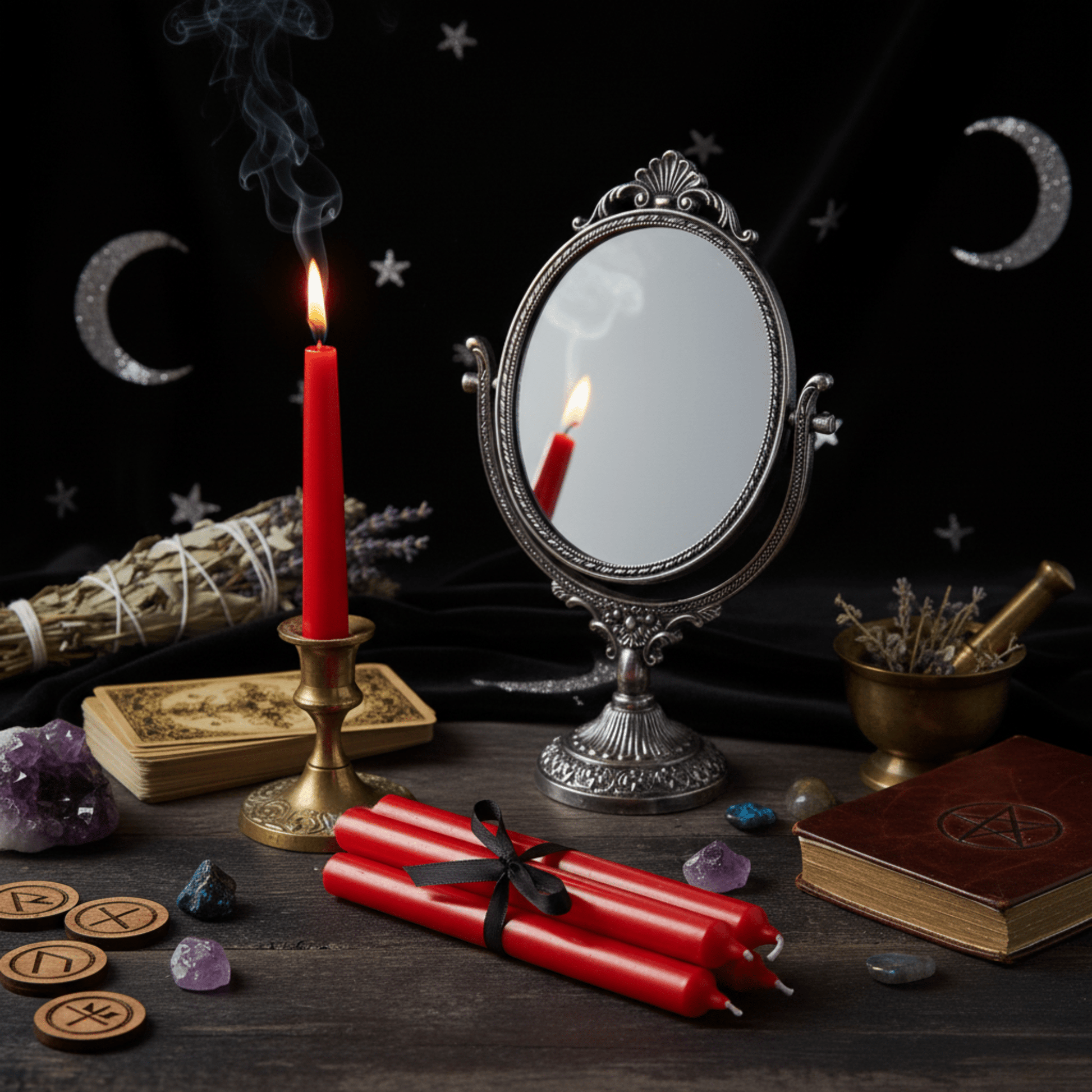 Bougies rouges rituelles allumées sur autel magique avec miroir, encens, cartes et cristaux pour magie de passion et énergie.