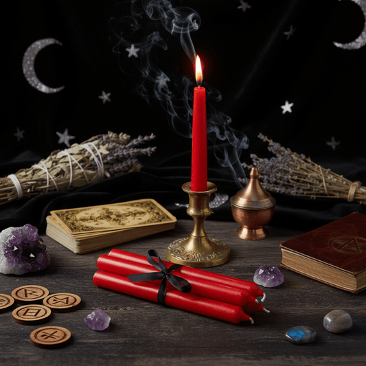 Bougies d’autel rouges pour rituels de passion et protection, disposées avec tarot, lavande et encens sur autel ésotérique.