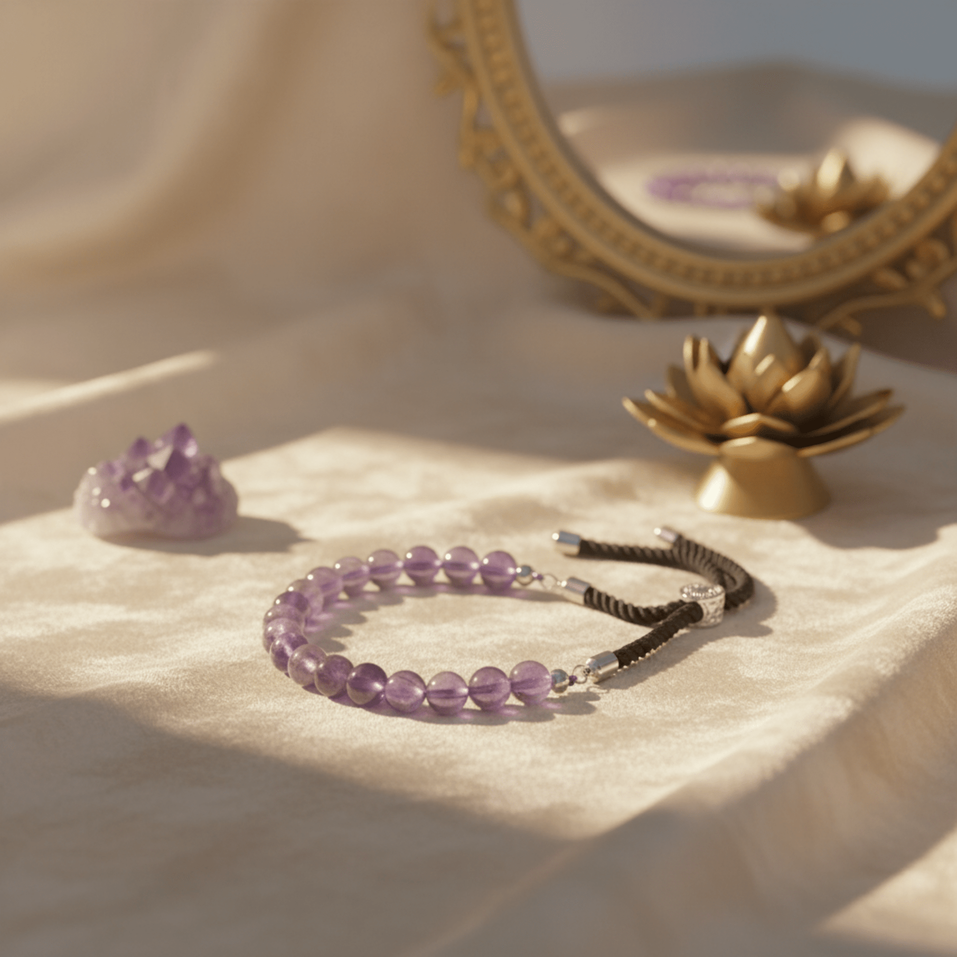 Bracelet améthyste naturel avec cordon noir argent 925 posé sur tissu beige, bijou lithothérapie sérénité et intuition.