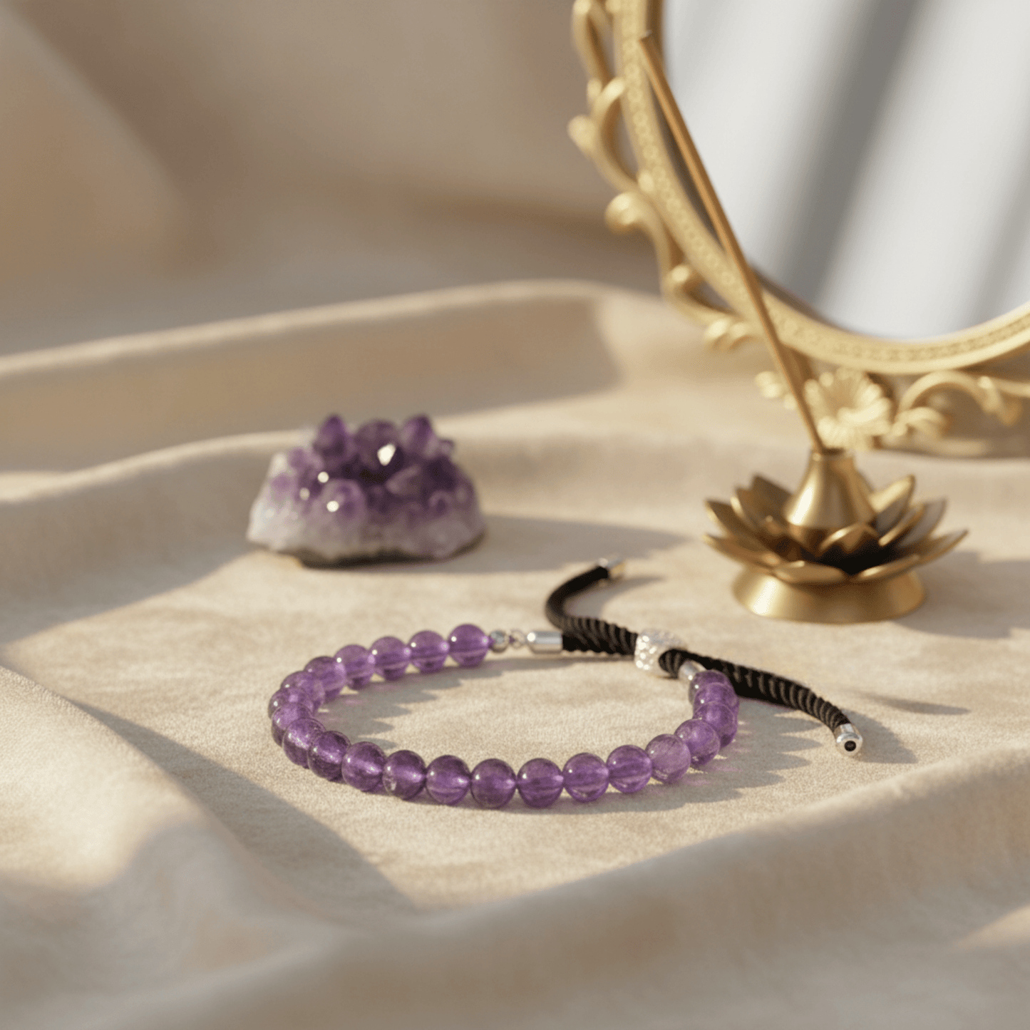 Bracelet améthyste lithothérapie sur tissu clair avec géode violette et porte-encens lotus, bijou pour calme et protection.