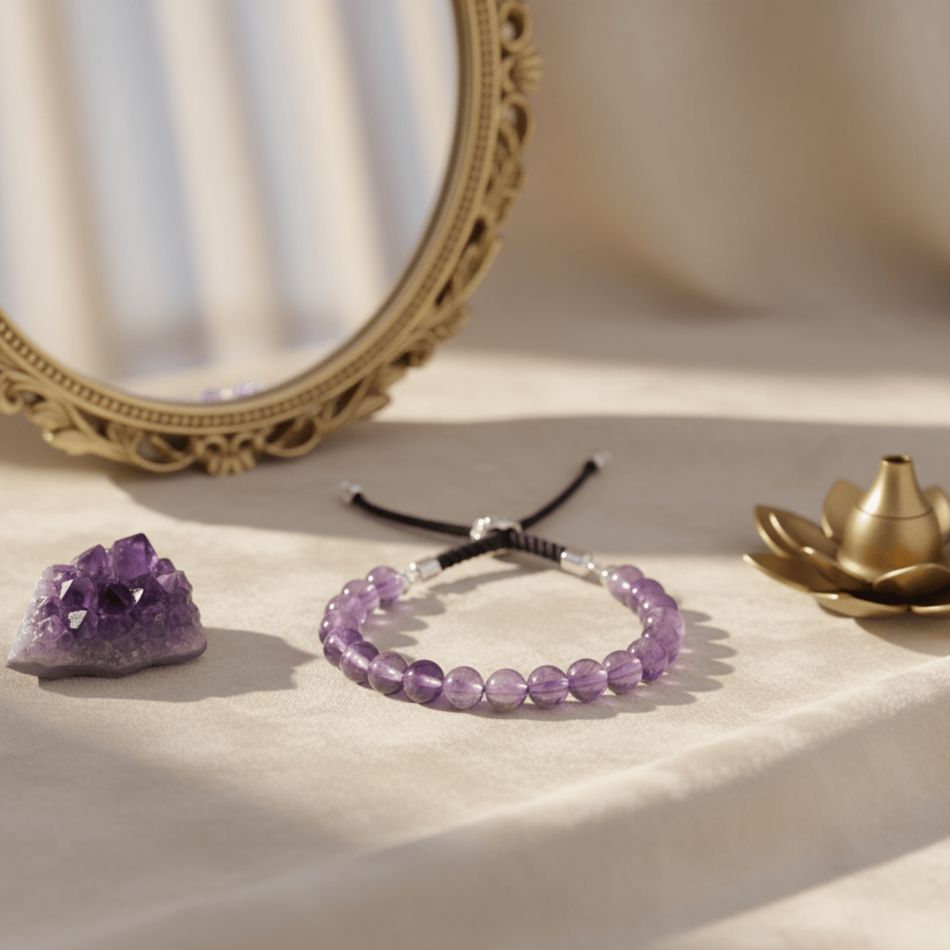 Bracelet en améthyste avec cordon noir argent 925 près d’une géode et d’un miroir, bijou énergétique apaisant et protecteur.