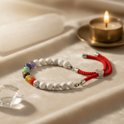 Bracelet énergétique en howlite blanche et pierres chakras, cordon rouge ajustable pour protection et clarté.