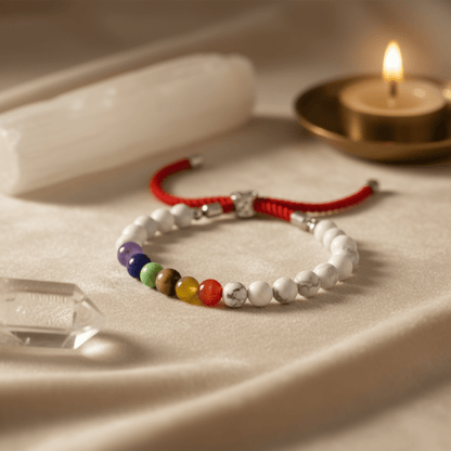 Bracelet howlite blanche et pierres chakras, cordon rouge protecteur pour équilibre, calme et énergie positive.