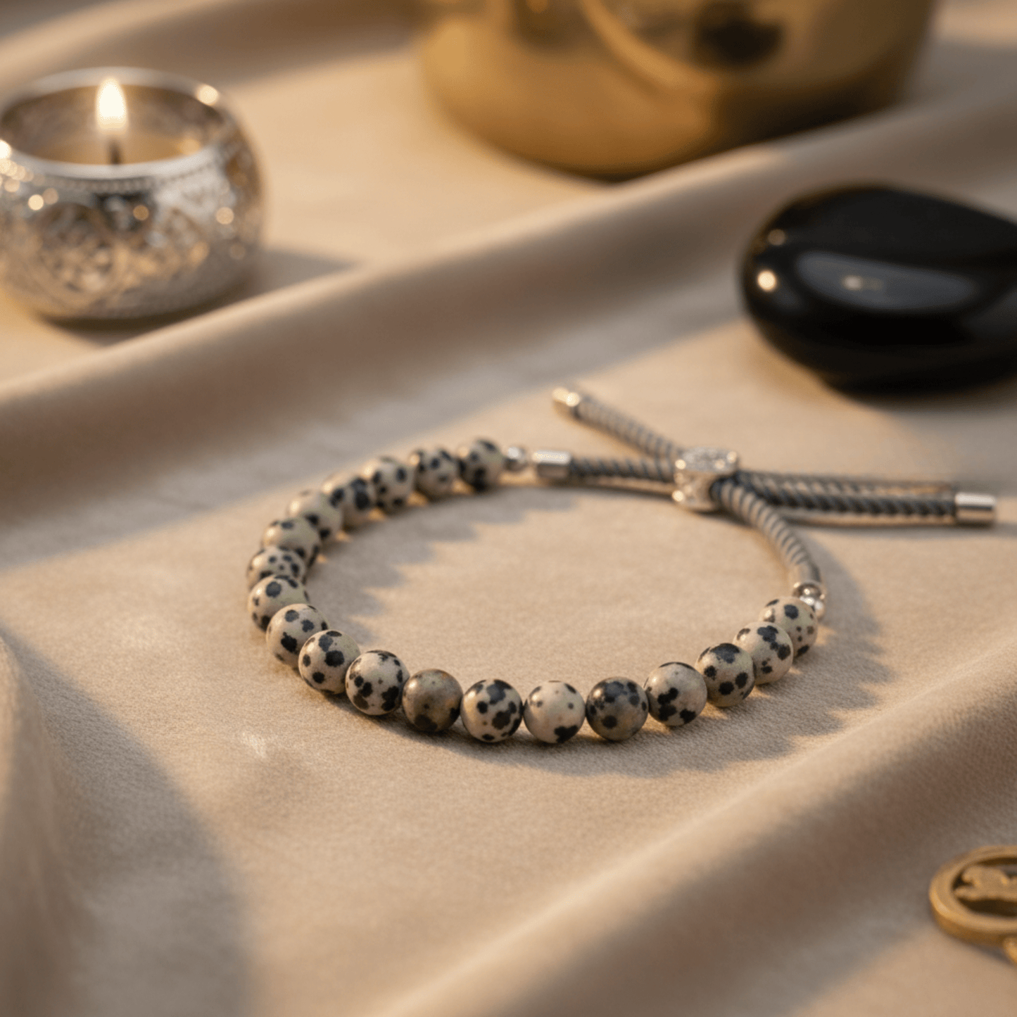 Bracelet Jaspe Dalmatien naturel avec cordon gris charbon et fermoir argent 925, présenté avec bougie et pierres noires.