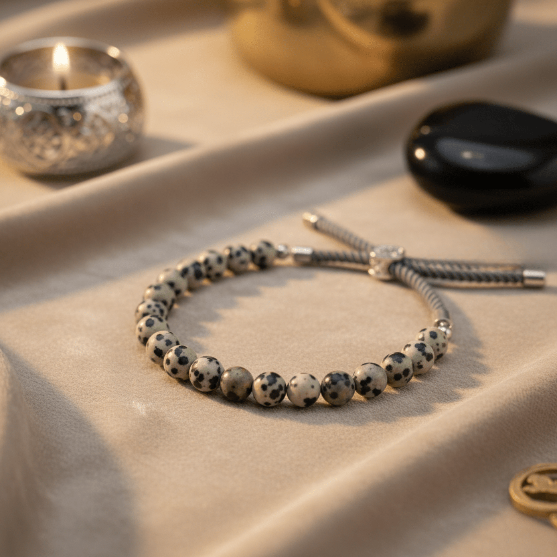 Bracelet Jaspe Dalmatien naturel avec cordon gris charbon et fermoir argent 925, présenté avec bougie et pierres noires.