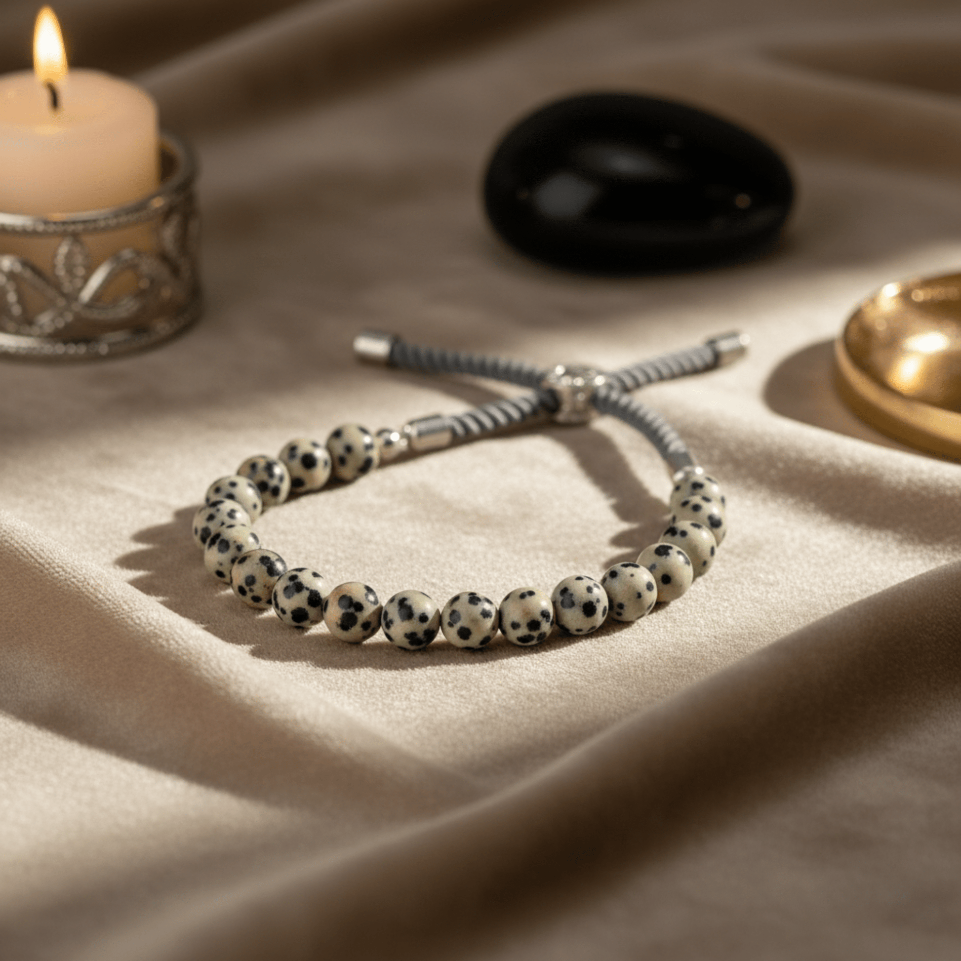 Bracelet Jaspe Dalmatien perles naturelles avec cordon gris charbon et argent 925, posé sur tissu beige ambiance zen.