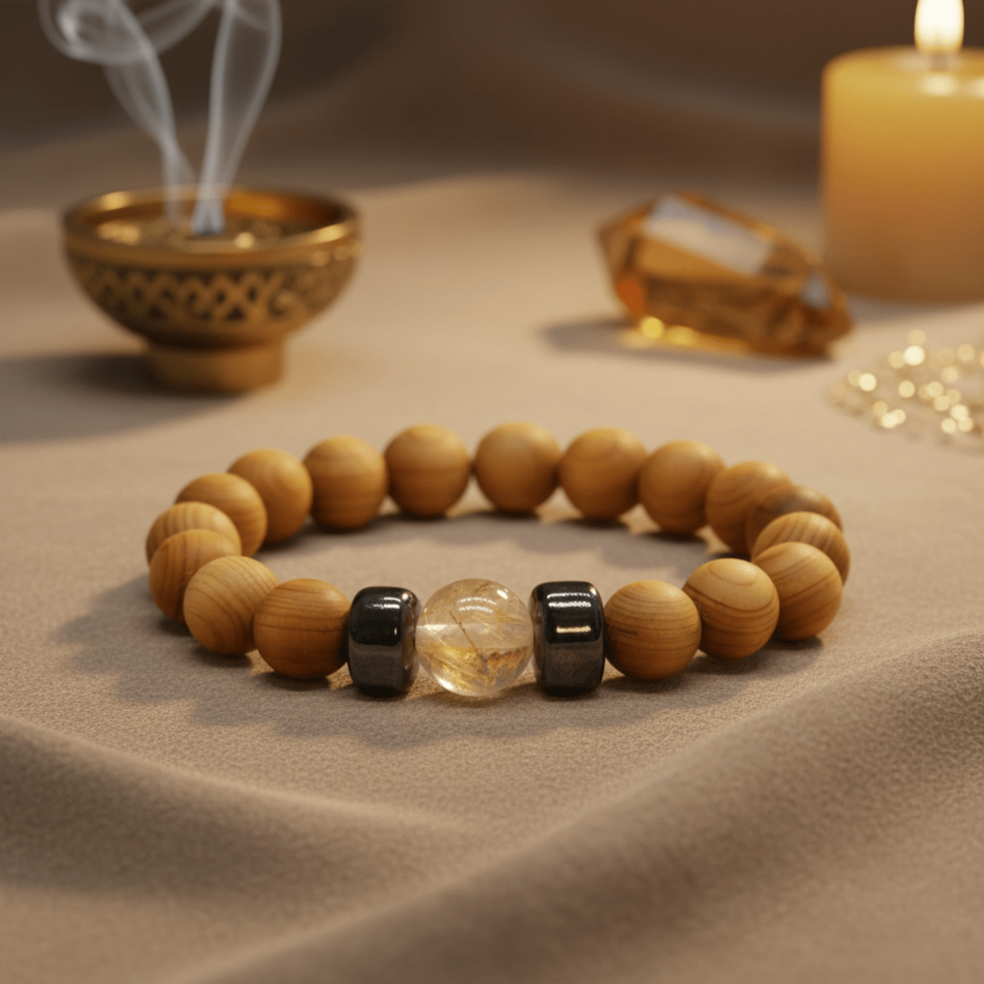 Bracelet en bois de cèdre et citrine, activation du chakra plexus solaire avec énergie solaire.