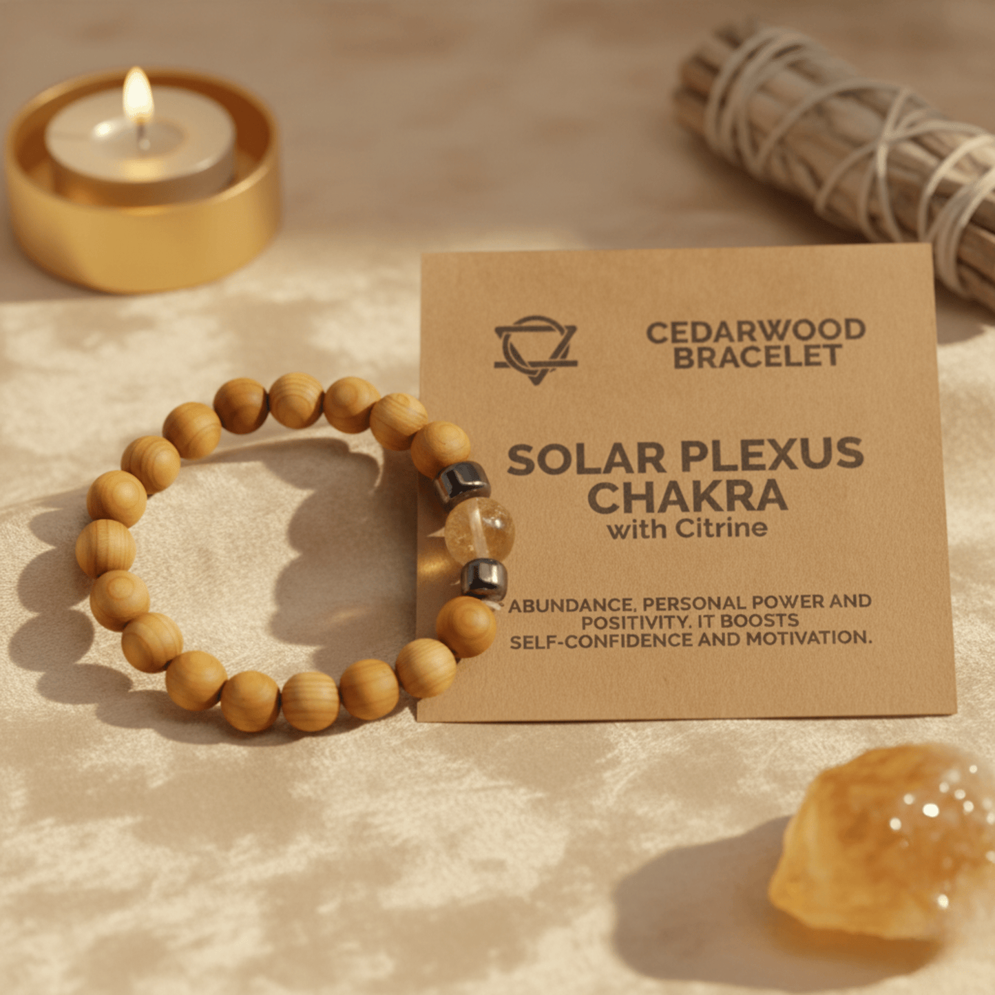 Bracelet chakra plexus solaire présenté avec sa carte, cèdre et citrine pour confiance et positivité.