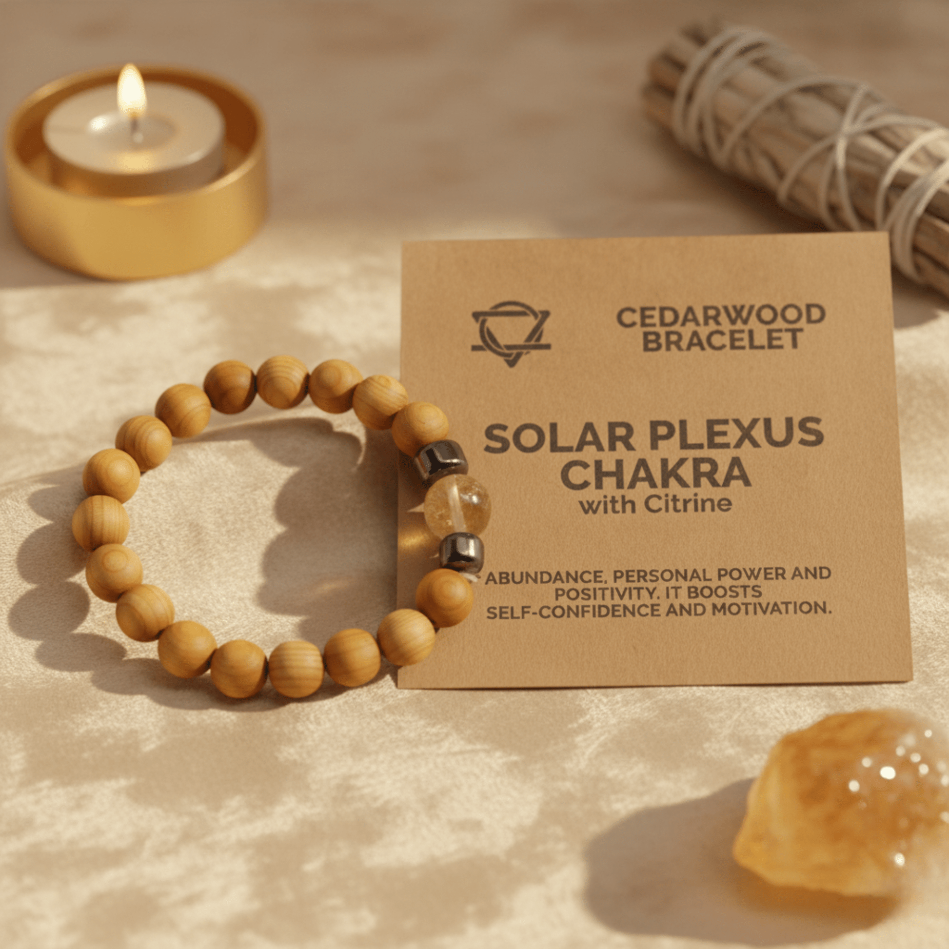 Bracelet chakra plexus solaire présenté avec sa carte, cèdre et citrine pour confiance et positivité.