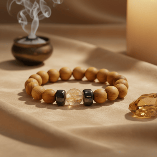 Bracelet plexus solaire en cèdre et citrine, bijou énergétique pour confiance et abondance.