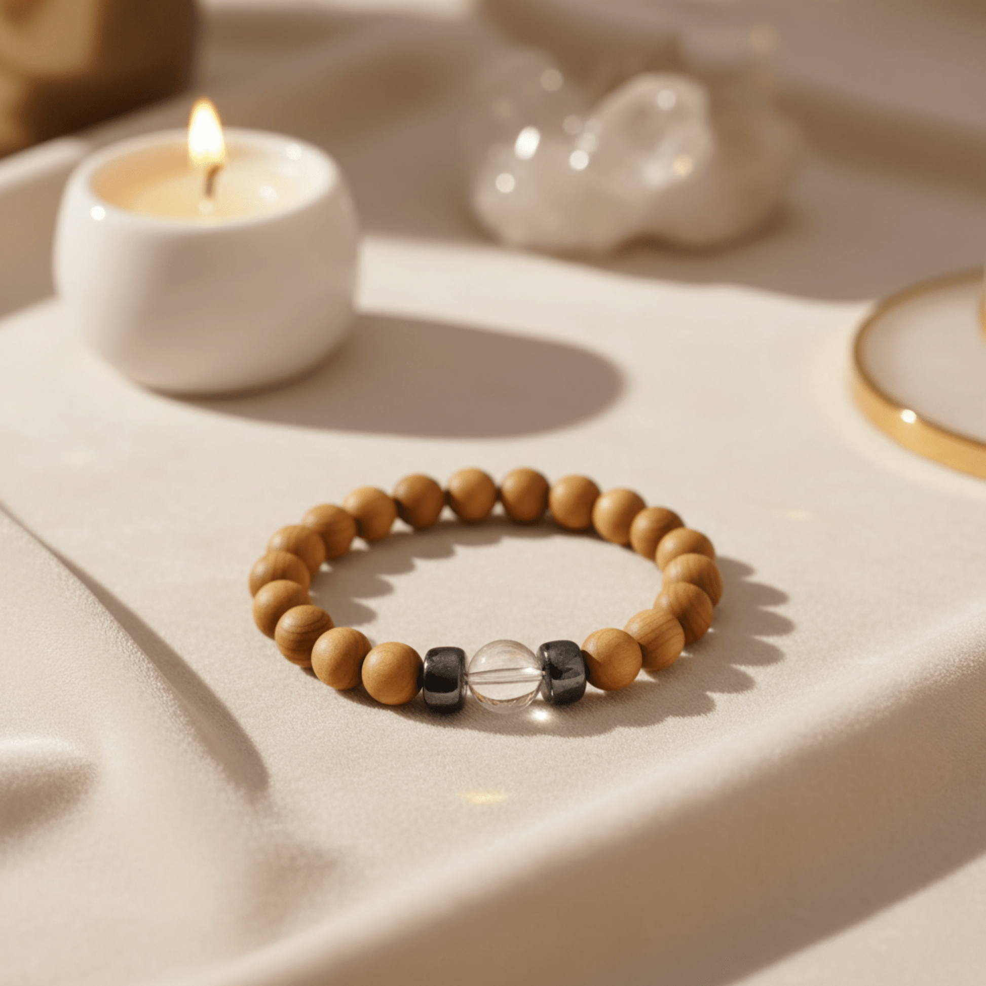 Bracelet cèdre et quartz clair posé près d’une bougie, accessoire chakra couronne apaisant.
