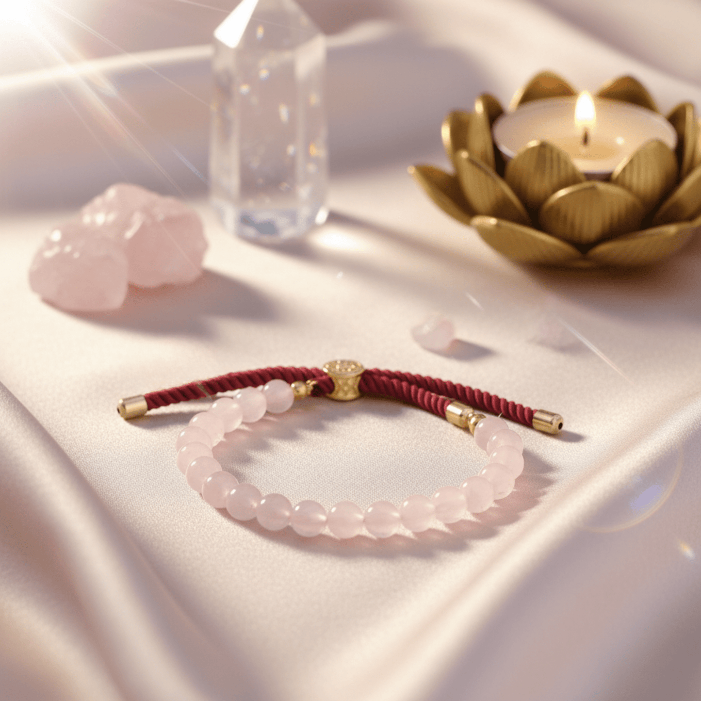 Bracelet en quartz rose naturel avec cordon bordeaux, décor spirituel avec bougie lotus doré et cristaux lumineux.