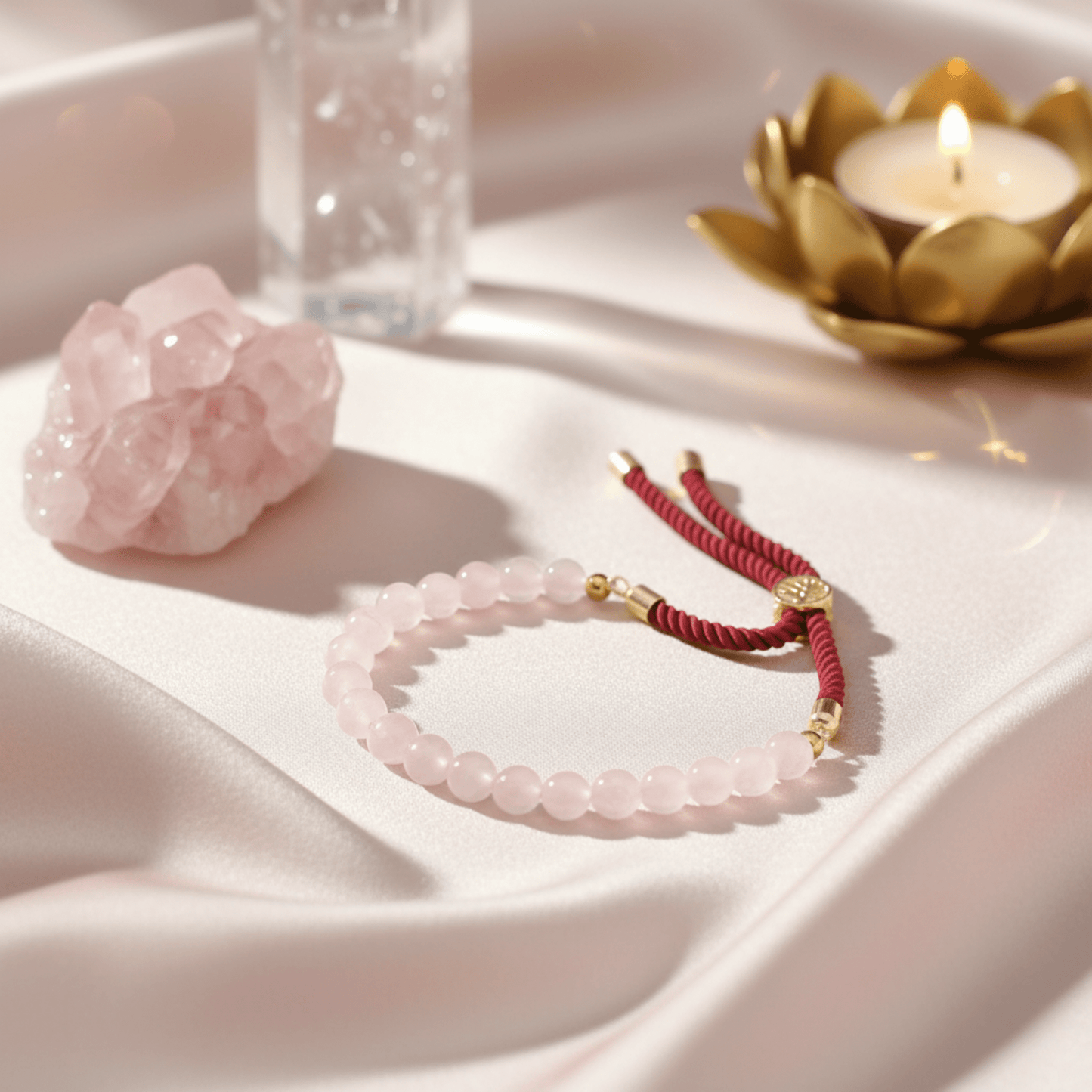 Bracelet quartz rose avec cordon bordeaux et finitions or, posé sur tissu satiné avec cristal rose et ambiance spirituelle.