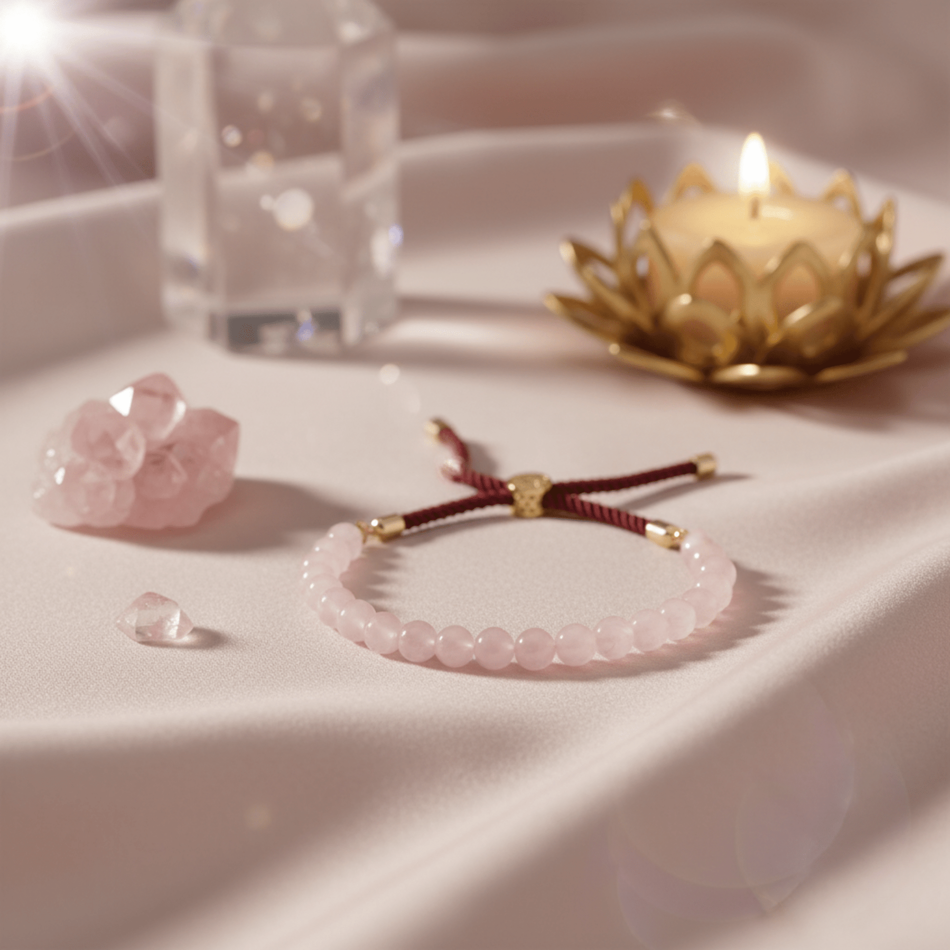 Bracelet quartz rose ajustable avec cordon bordeaux, lumière douce, cristaux et bougie dorée pour une ambiance énergétique.