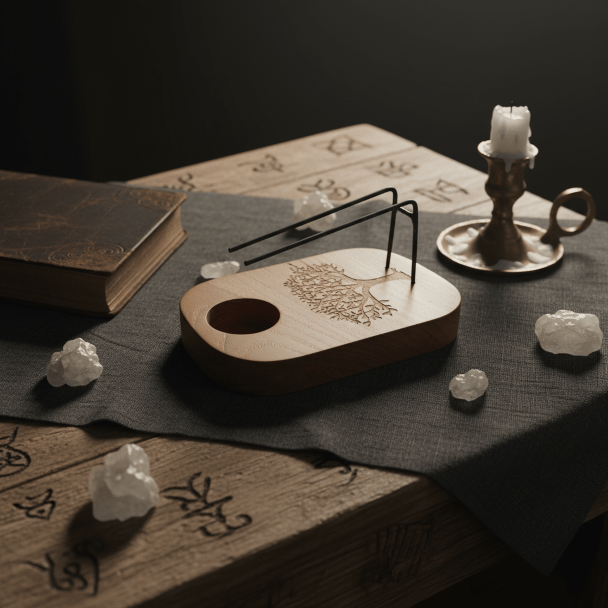 Brûleur Palo Santo en bois de teck avec gravure Arbre de Vie, support artisanal pour purification et fumigation.