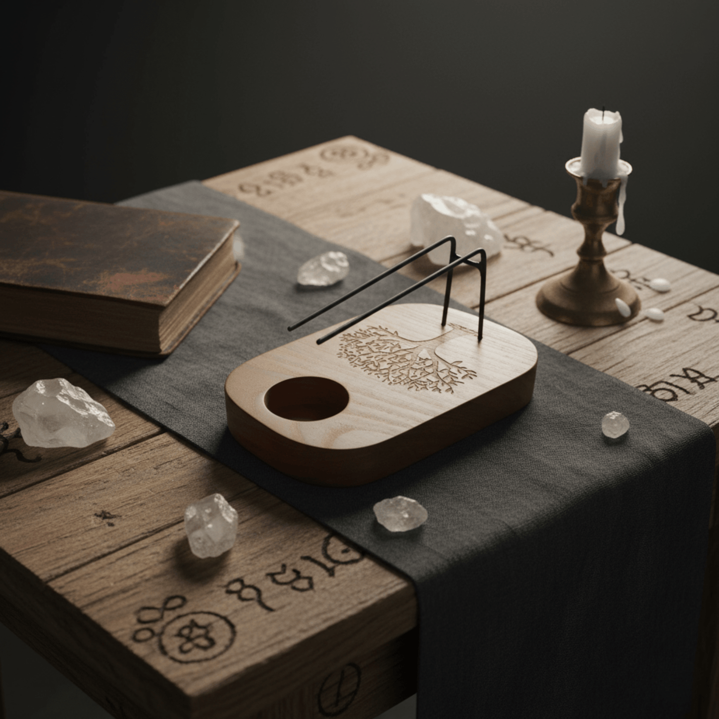 Support artisanal en teck gravé Arbre de Vie pour Palo Santo, encens et fumigation spirituelle.