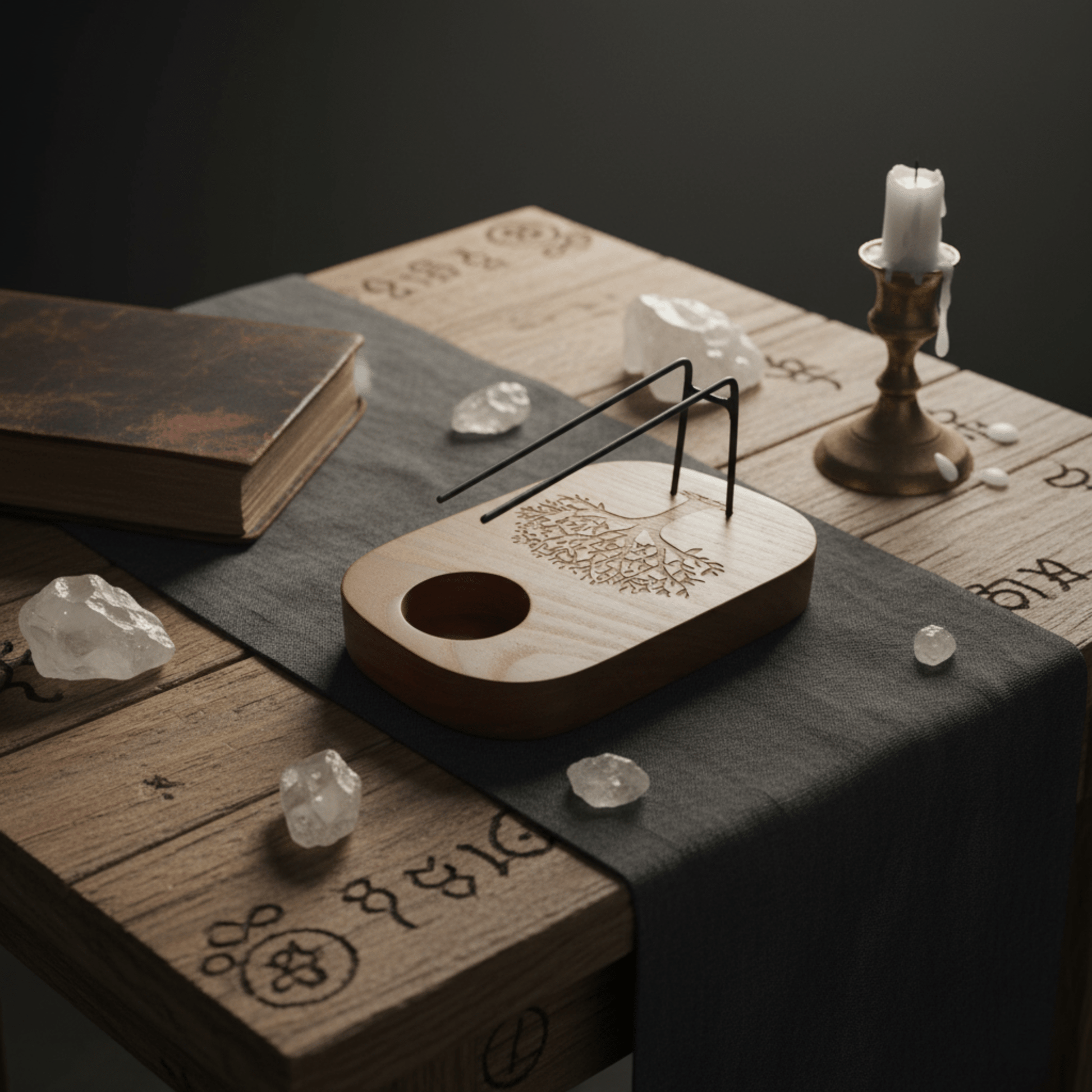 Support artisanal en teck gravé Arbre de Vie pour Palo Santo, encens et fumigation spirituelle.