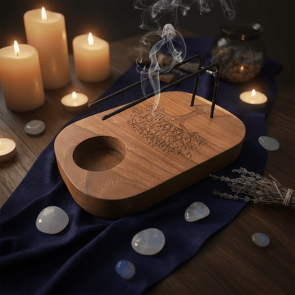 Brûleur Arbre de Vie en teck, support pour bâtons de Palo Santo et encens, idéal rituels de purification.