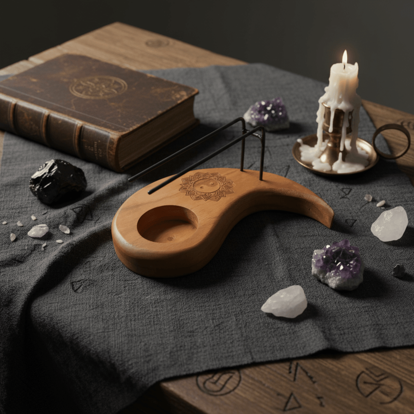 Brûleur Palo Santo en teck gravé Yin Yang posé sur autel avec cristaux et bougie rituelle fondue