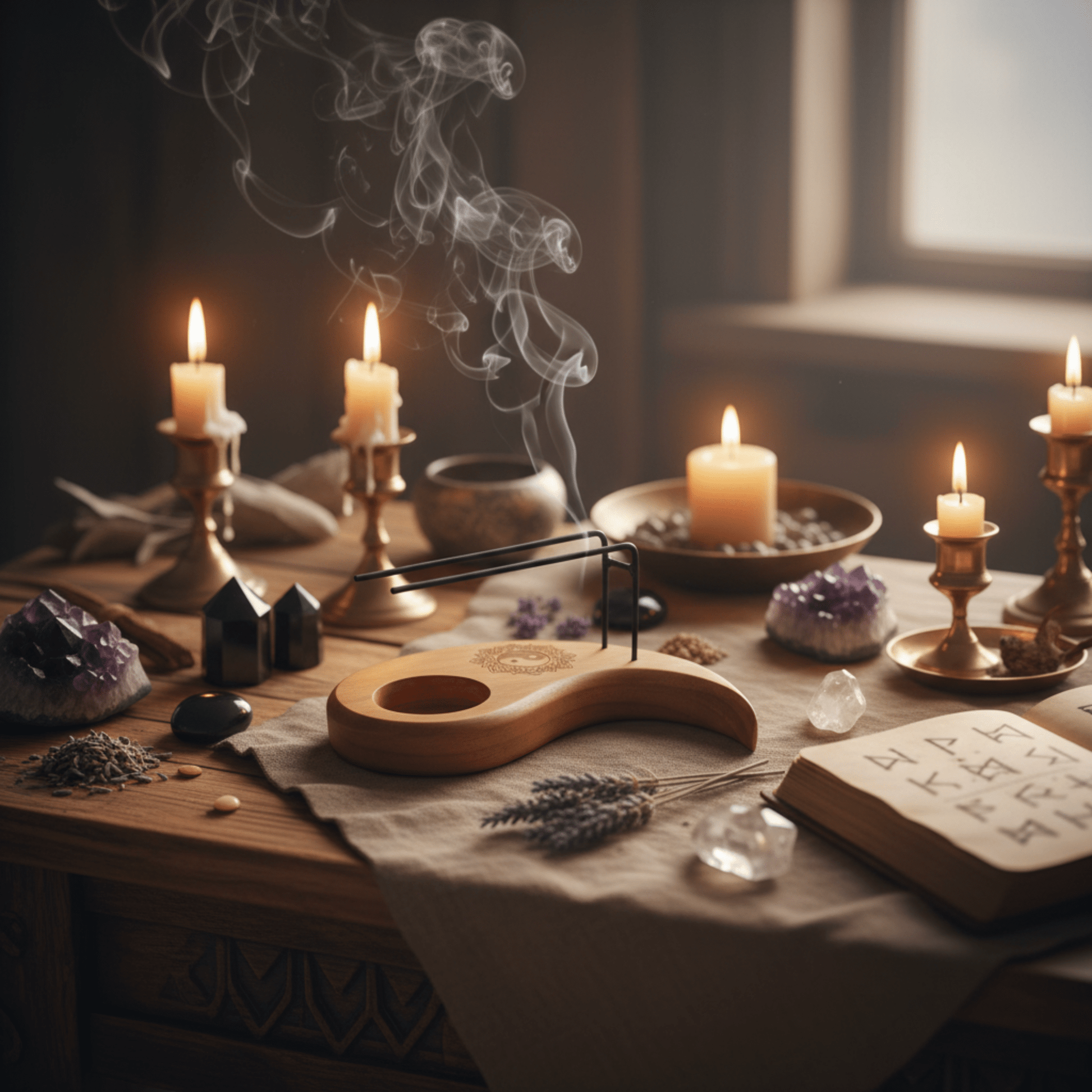 Brûleur encens Yin Yang en bois de teck avec fumée d’encens, bougies rituelles et autel spirituel