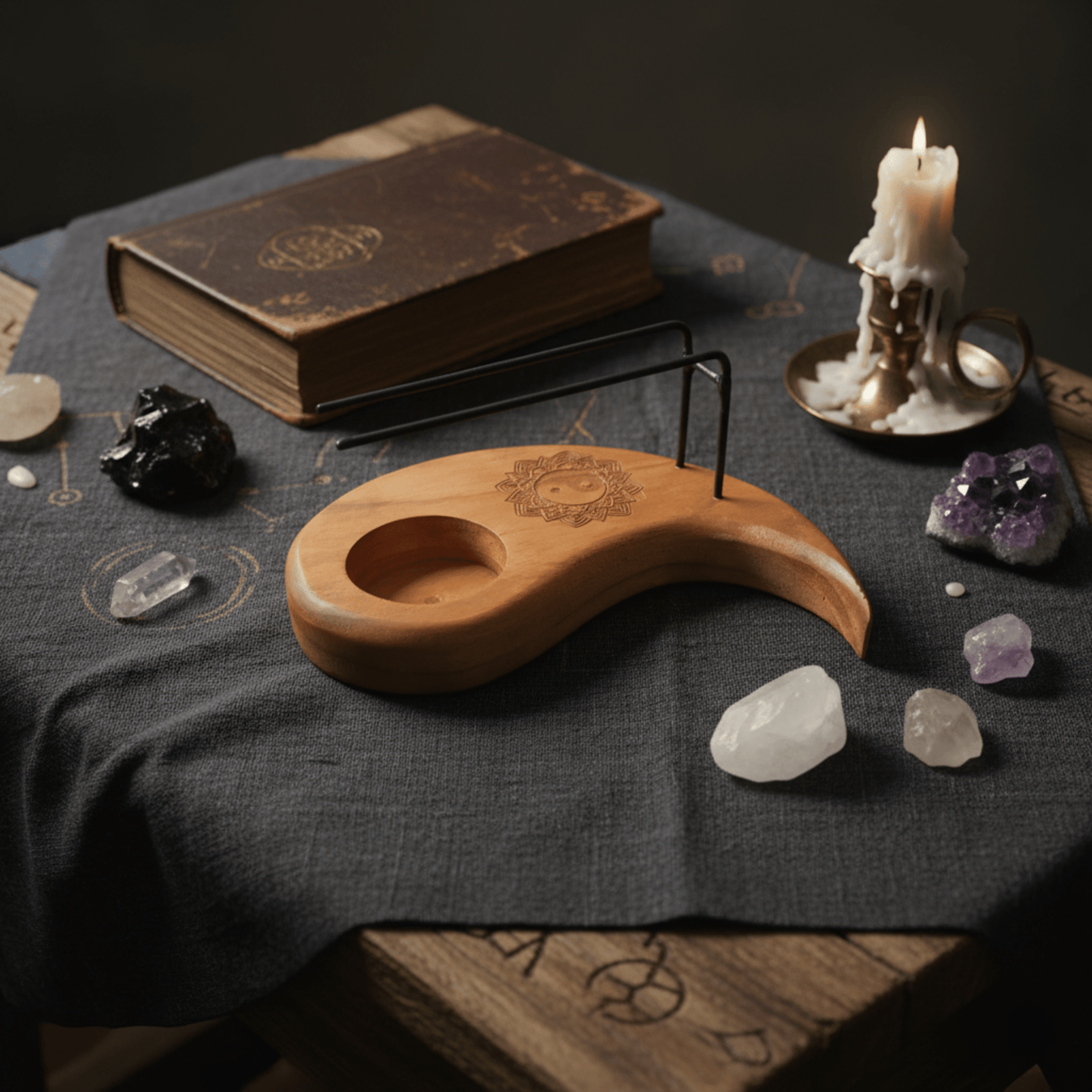 Brûleur Palo Santo Yin Yang en bois de teck sur autel mystique avec cristaux et bougie pour purification