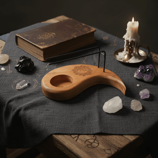 Brûleur Palo Santo Yin Yang en bois de teck sur autel mystique avec cristaux et bougie pour purification