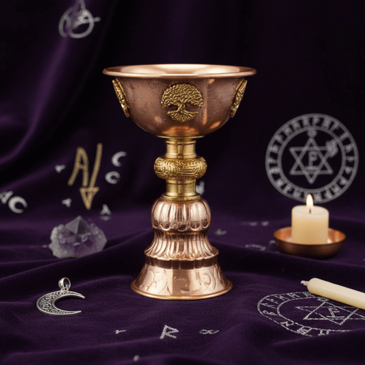 Calice rituel Arbre de Vie en cuivre antique sur tissu violet ésotérique, pour rituels Wicca et offrandes.