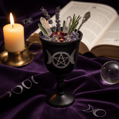 Calice Triple Lune rempli d’herbes, cristaux et fleurs, posé sur un autel avec bougie et grimoire.