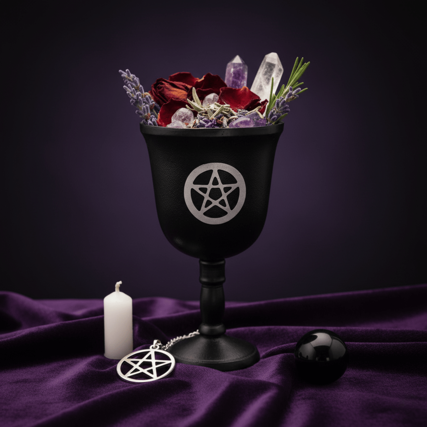 Calice rituel pentacle rempli d’herbes, roses et cristaux, accessoire d’autel pour pratiques wicca et magie protectrice.